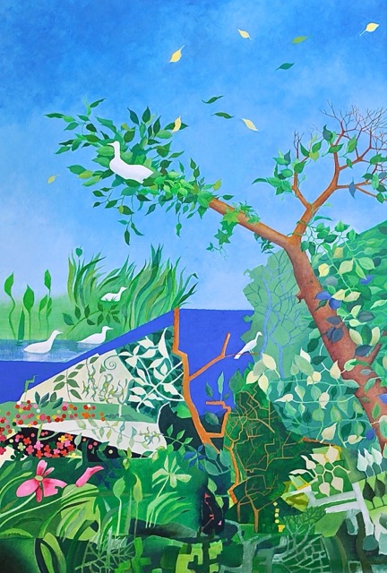 Vårträdgård, akryl 82x120