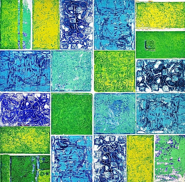 Blå rabatt, grafikcollage 40x40